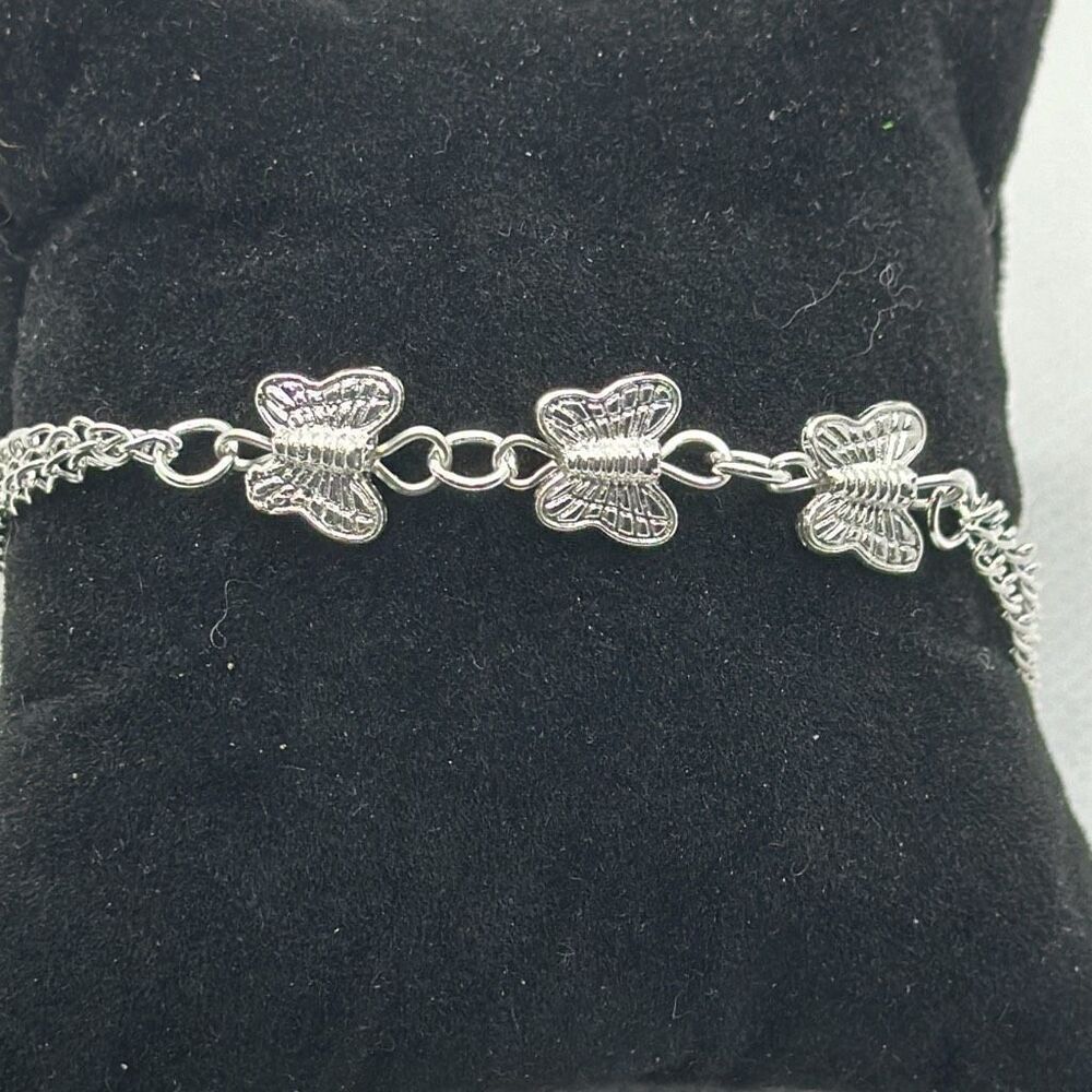 Silver Tone Double Chain Butterfly Bracelet Anklet Dainty Y2K 8–10” - Picture 2 of 5